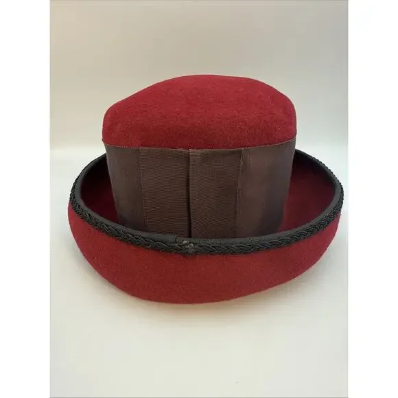 Eric Javits Women's Hat Rounded Crown Burgundy Wool Black Ribbon Braided Trim - Picture 2 of 6